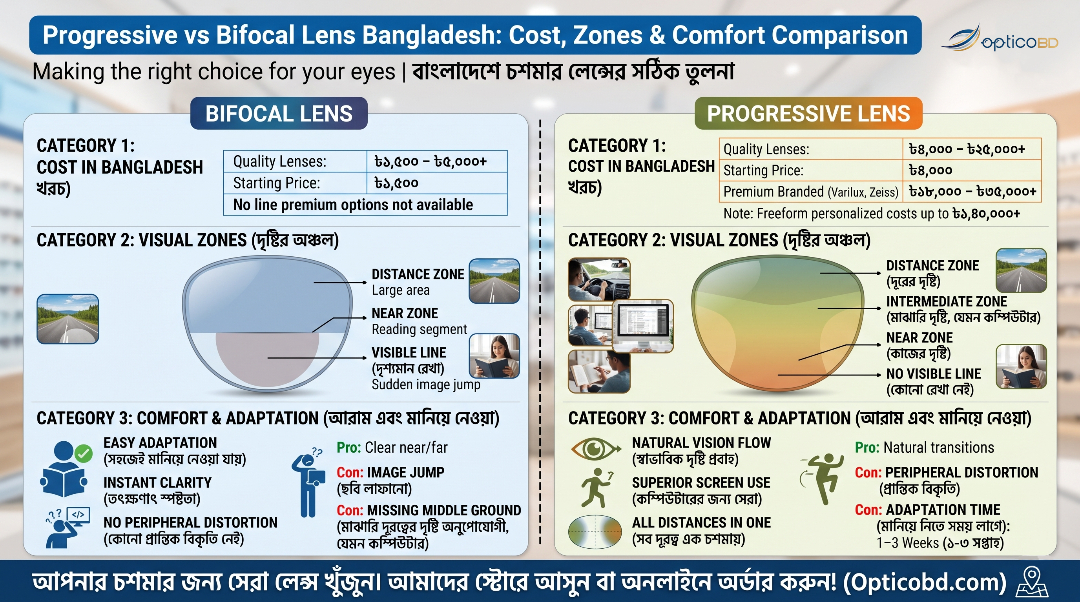 Progressive Vs Bifocal Lens Bangladesh Cost, Zones & Comfort Comparison
