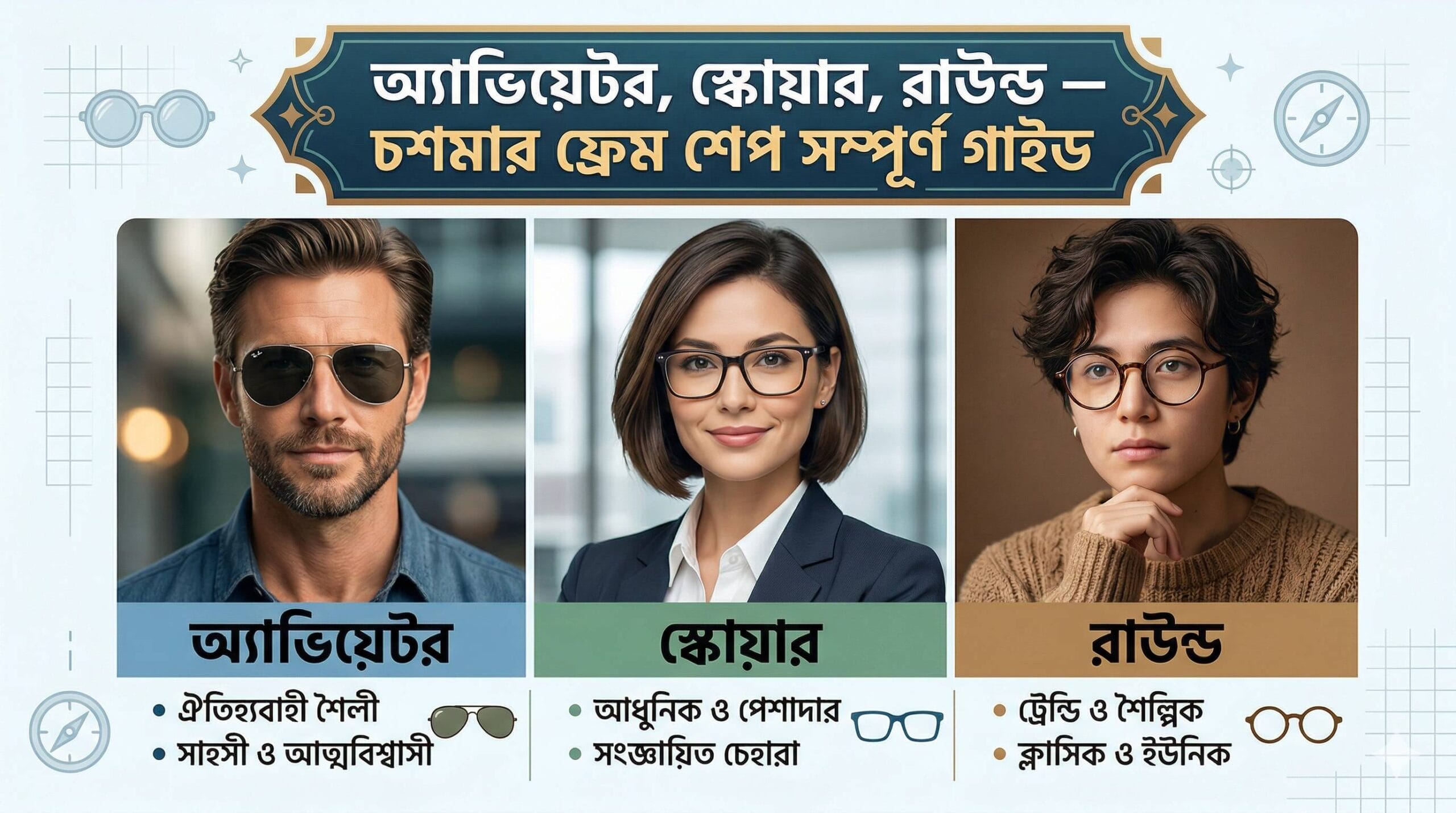 অ্যাভিয়েটর স্কোয়ার রাউন্ড — চশমার ফ্রেম শেপ সম্পূর্ণ গাইড