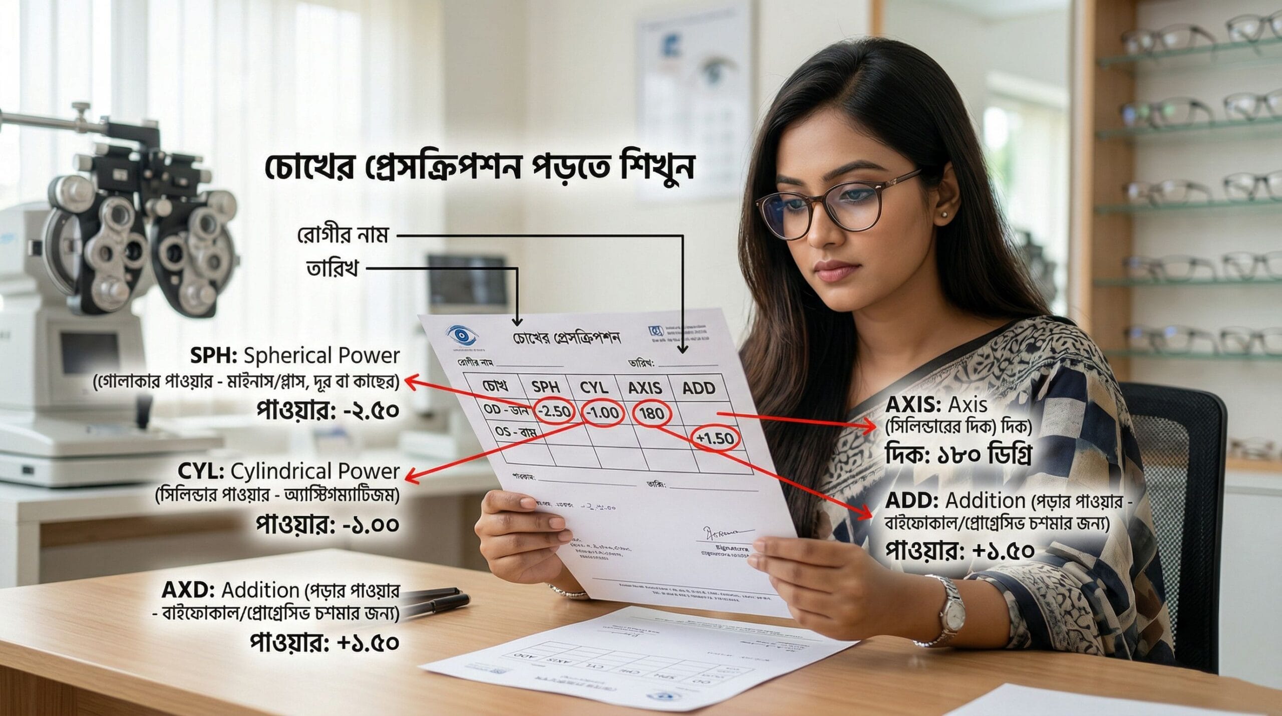 চোখের প্রেসক্রিপশন পড়তে শিখুন — SPH CYL AXIS ADD মানে কী