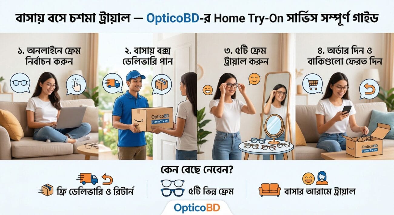 বাসায় বসে চশমা ট্রায়াল — OpticoBD র Home Try On সার্ভিস সম্পূর্ণ গাইড