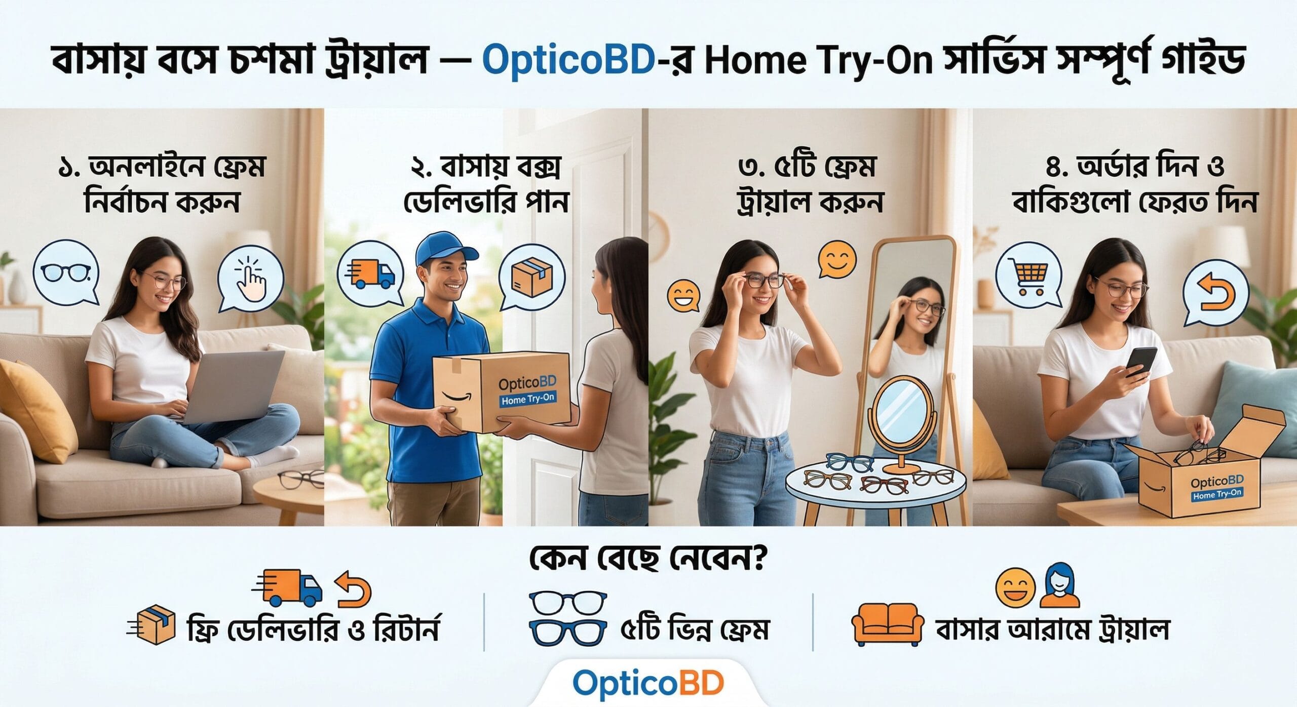 বাসায় বসে চশমা ট্রায়াল — OpticoBD র Home Try On সার্ভিস সম্পূর্ণ গাইড