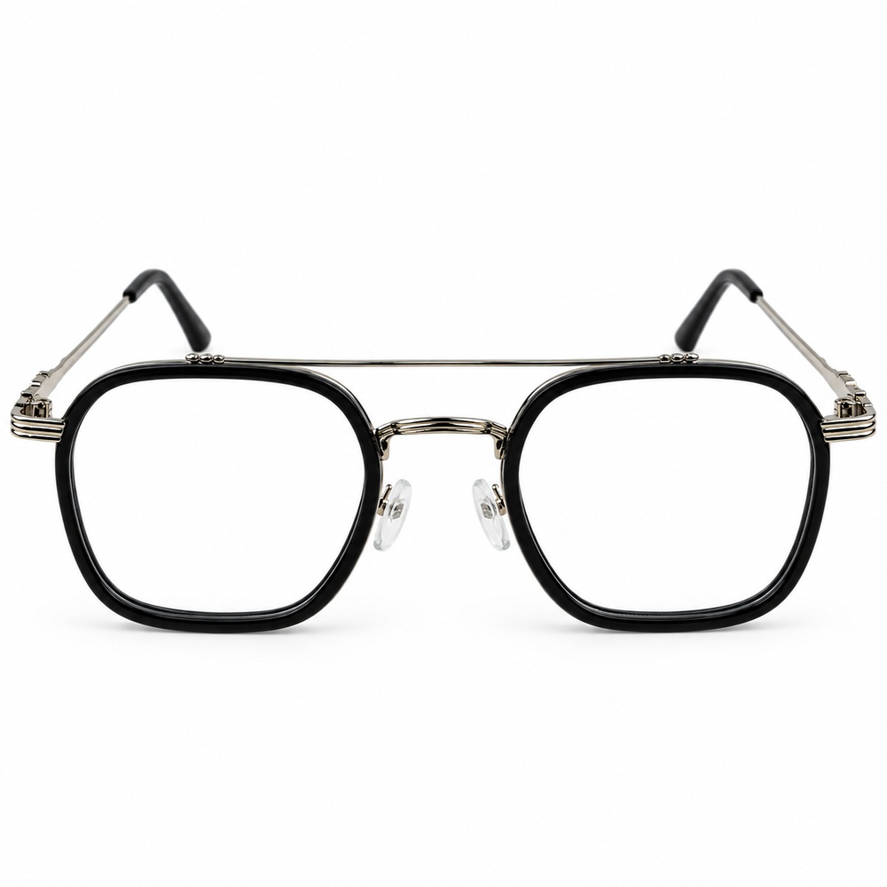 Black & Silver Double Bridge Square Prescription Eyeglasses Frame 1