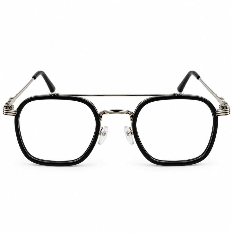 Black & Silver Double Bridge Square Prescription Eyeglasses Frame 1